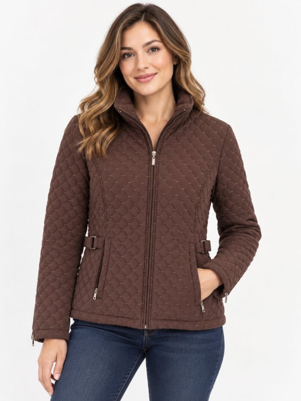 Portrait Brown Quilted Jacket Petite Medium Zip Up Buckle Detail